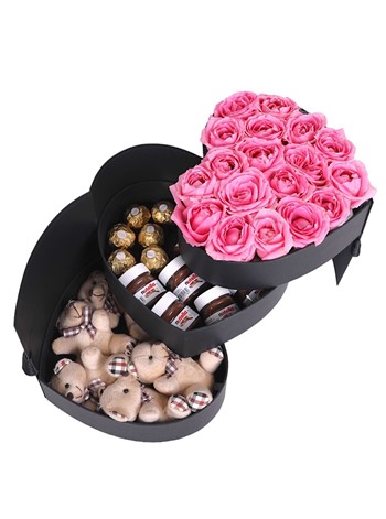 Katlamalı Kalp Kutuda Pembe Güller