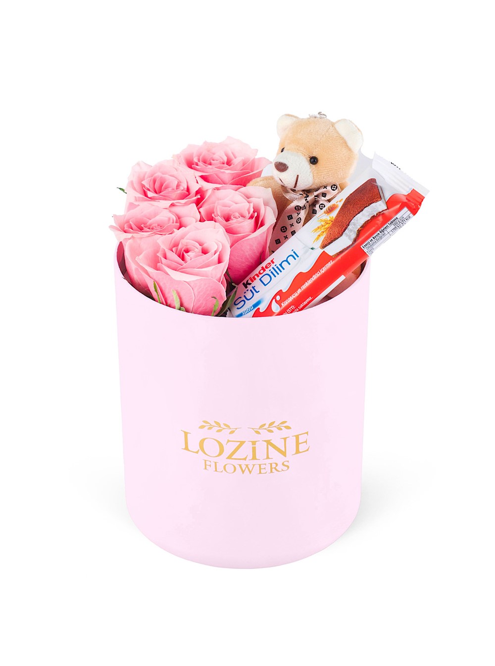 Yuvarlak Pembe Kutuda Ayıcıklı Ve Kinderli Pembe Gül
