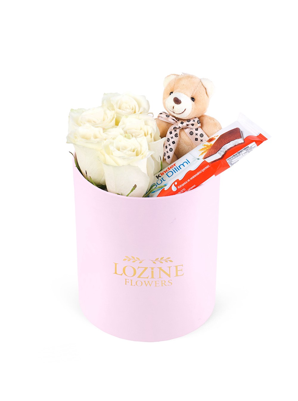 Yuvarlak Pembe Kutuda Ayıcıklı Ve Kinderli Beyaz Gül