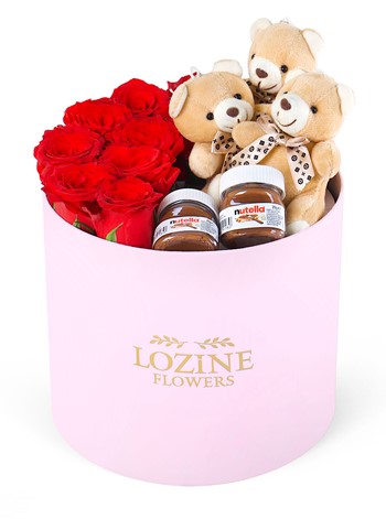 Yuvarlak Büyük Pembe Kutuda Nutella ve Ayıcıklı Kırmızı Gül