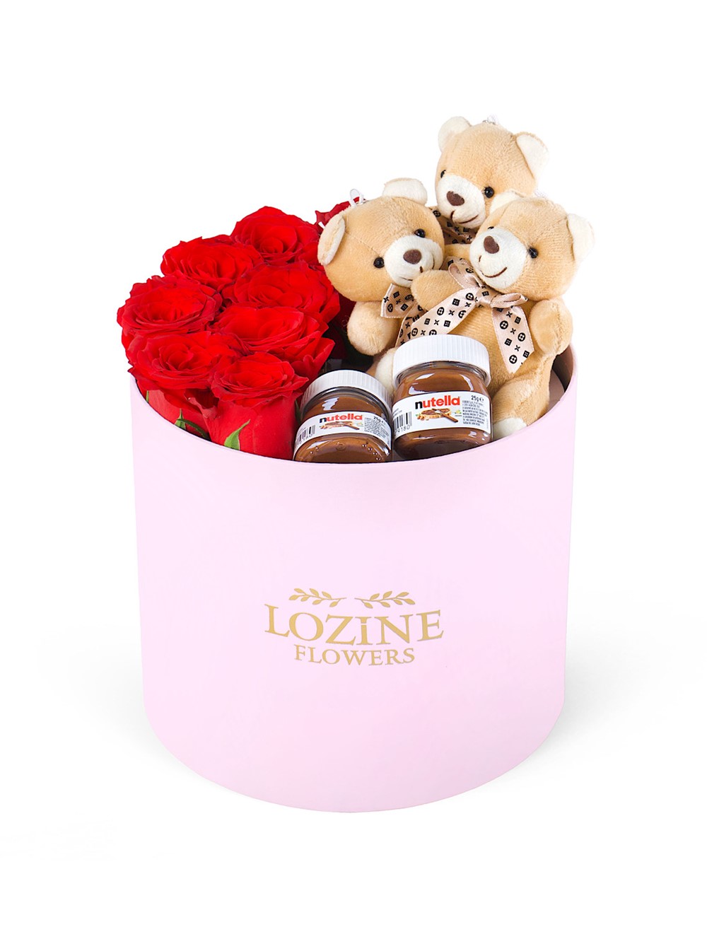 Yuvarlak Büyük Pembe Kutuda Nutella ve Ayıcıklı Kırmızı Gül