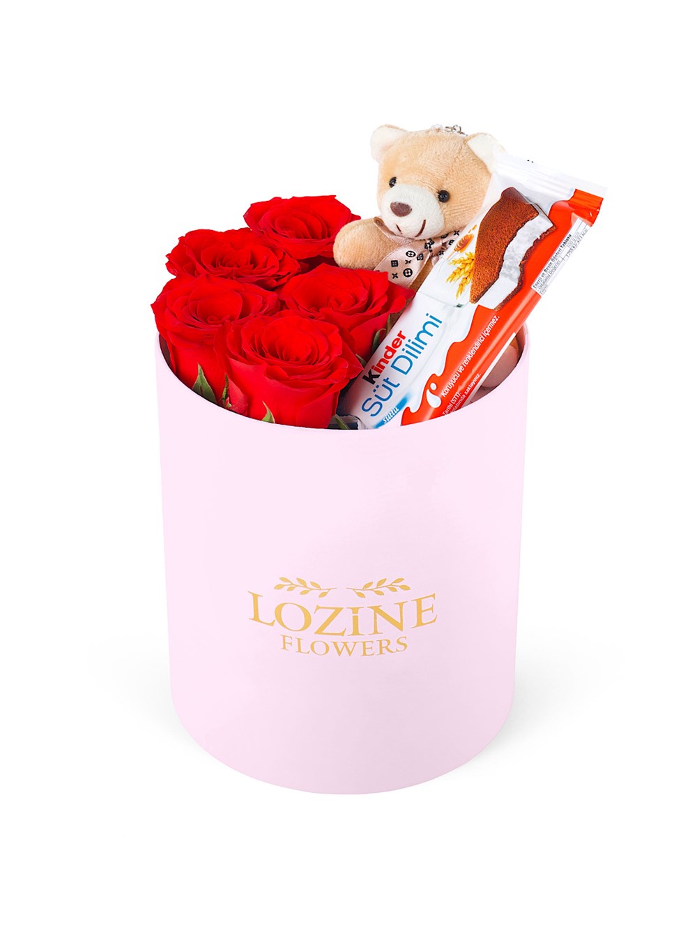 Yuvarlak Pembe Kutuda Ayıcıklı Ve Kinderli Kırmızı Gül