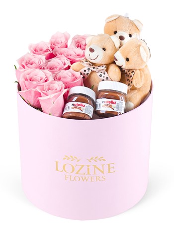 Yuvarlak Büyük Pembe Kutuda Nutella ve Ayıcıklı Pembe Gül