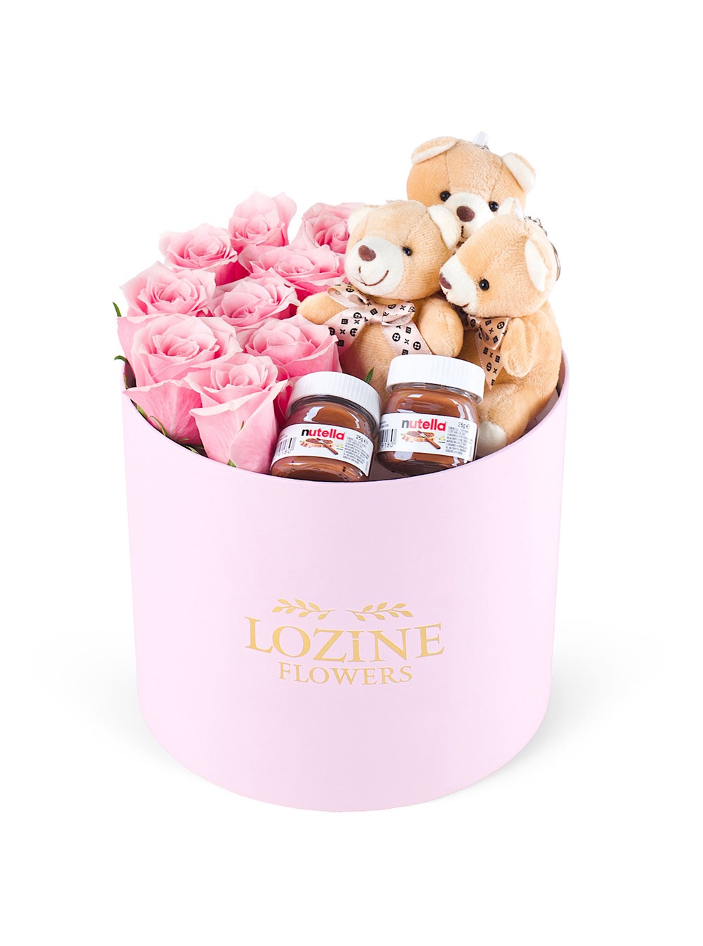 Yuvarlak Büyük Pembe Kutuda Nutella ve Ayıcıklı Pembe Gül