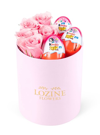 Yuvarlak Pembe Kutuda Kinder Joy'lu Pembe Gül