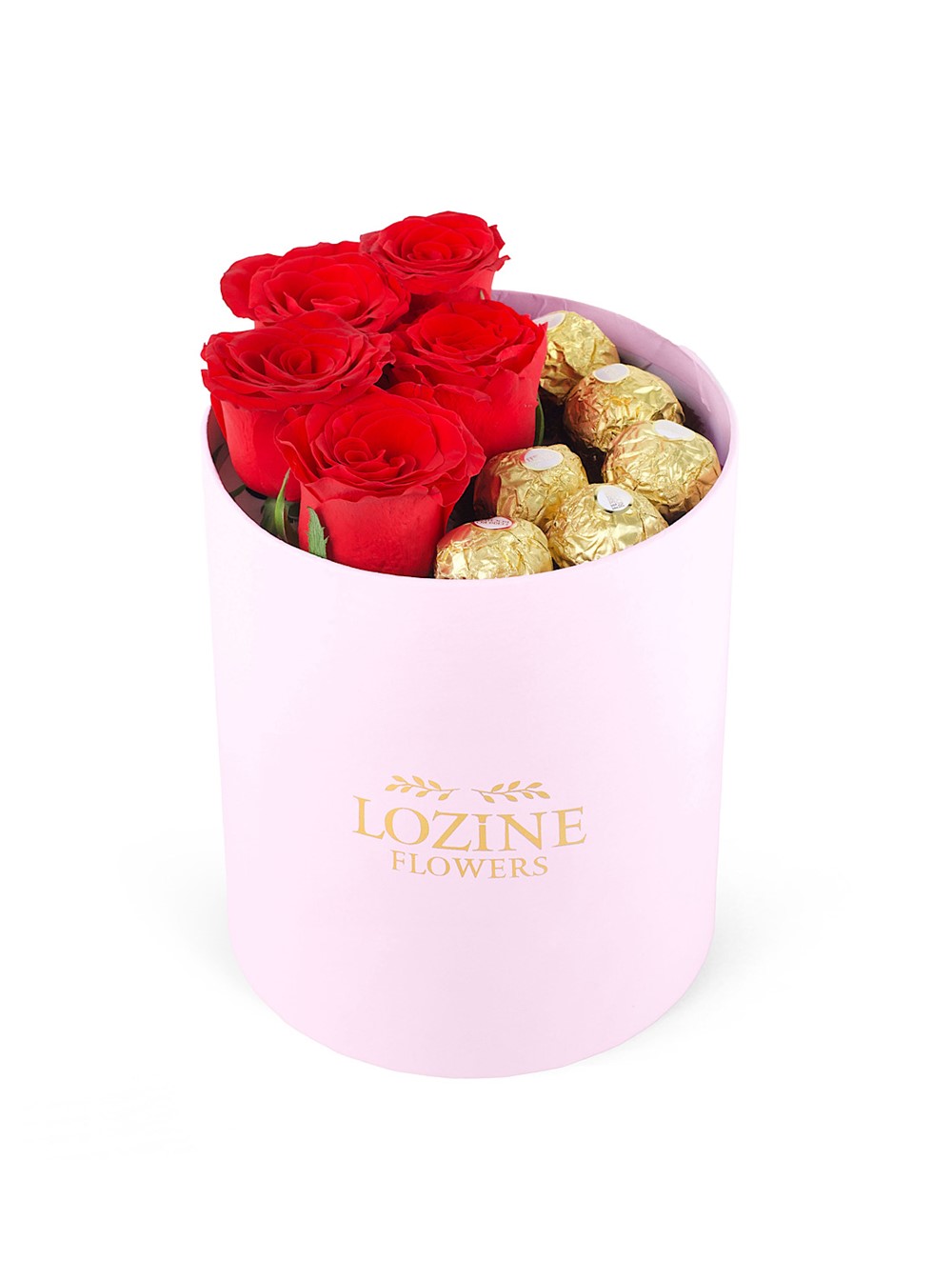 Yuvarlak Pembe Kutuda Ferrero Rocher Çikolatalı Kırmızı Gül