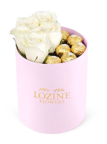 Yuvarlak Pembe Kutuda Ferrero Rocher Çikolatalı Beyaz Gül