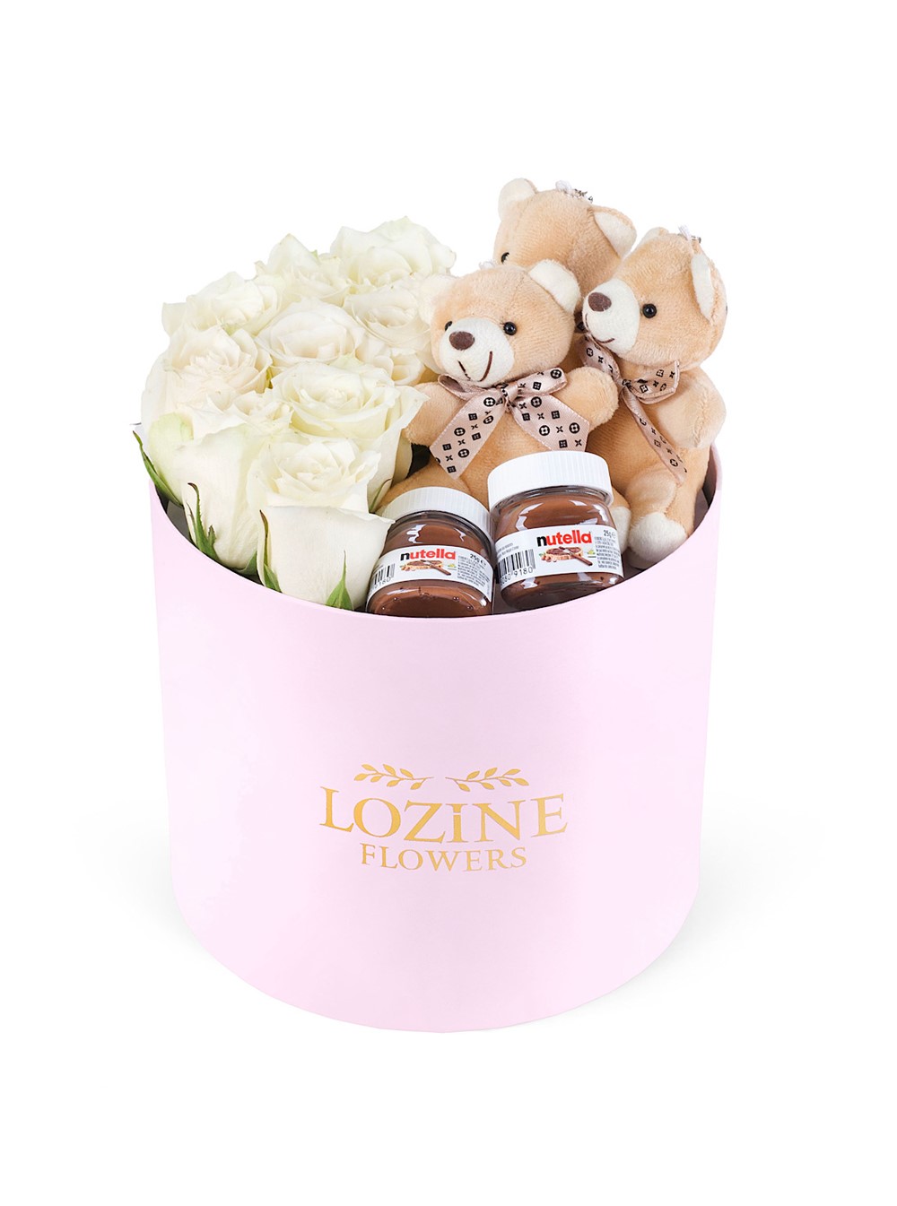Yuvarlak Büyük Pembe Kutuda Nutella ve Ayıcıklı Beyaz Gül