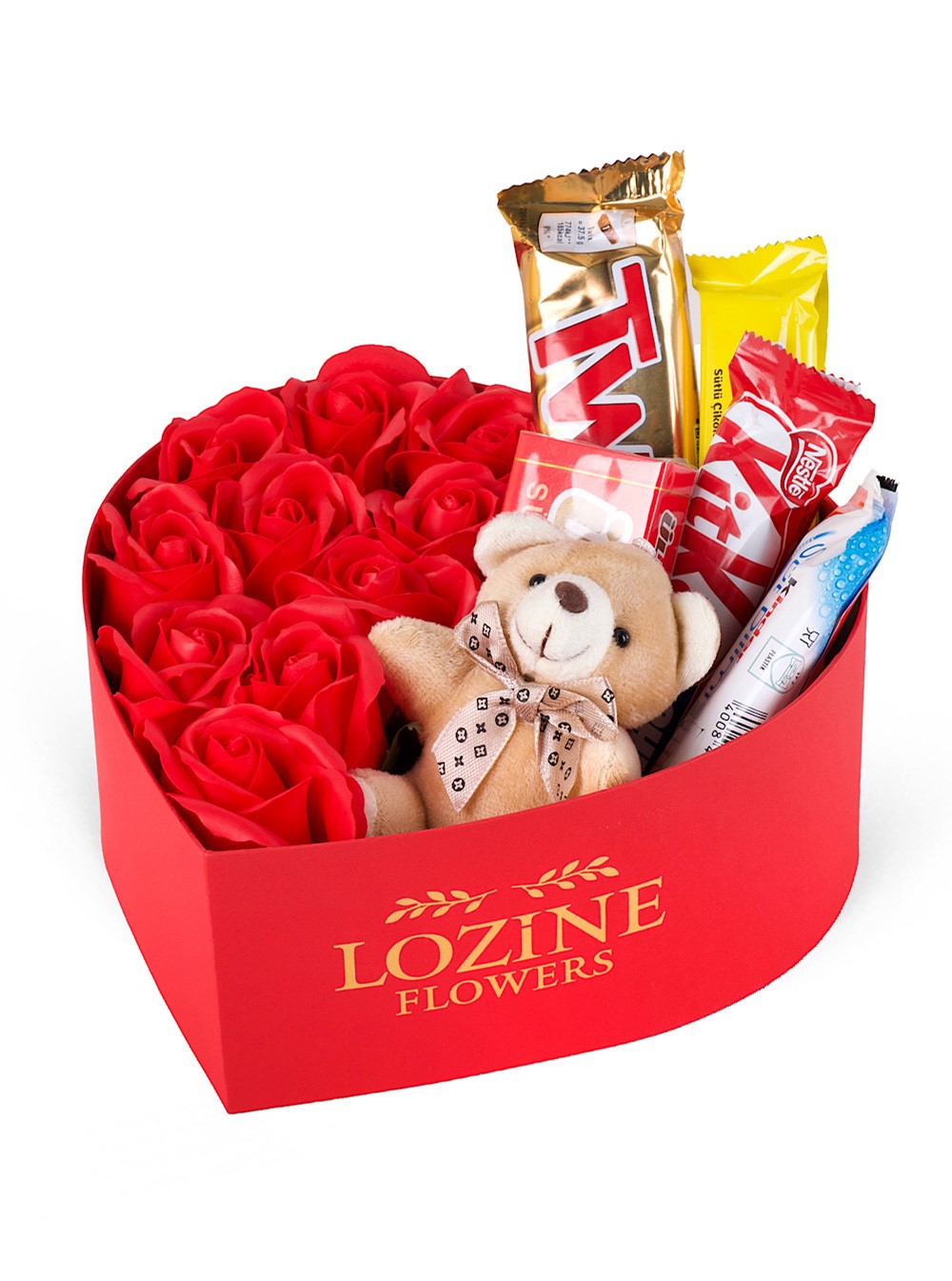 Kırmızı Kutuda Kırmızı Yapay Gül & Çikolatalar