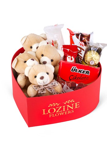 Kırmızı Kalp Kutuda Ayıcık Ve Çikolata Mix