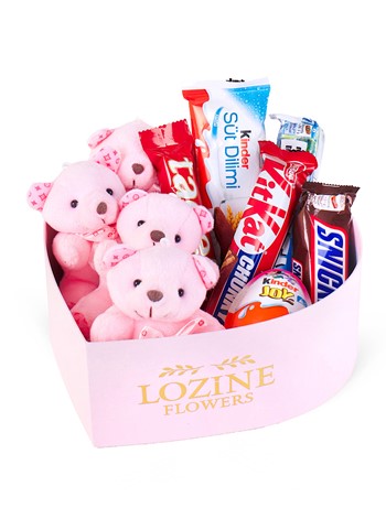 Pembe Kalp Kutuda Ayıcık Ve Çikolata Mix