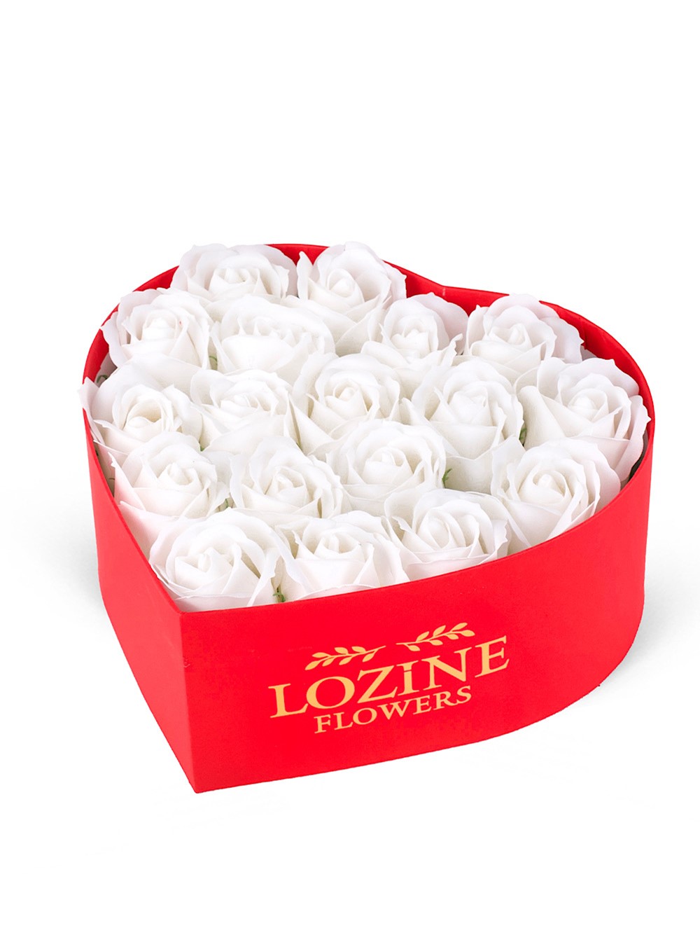 Kırmızı Kalp Kutuda Beyaz Yapay Güller