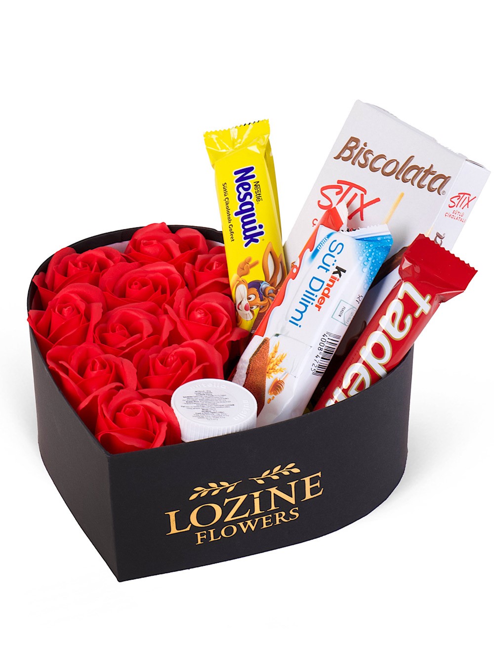 Siyah Kutuda Kırmızı Yapay Gül & Çikolatalar