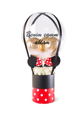 Beyaz Güllü Kırmızı Minnie Balon Kutusu