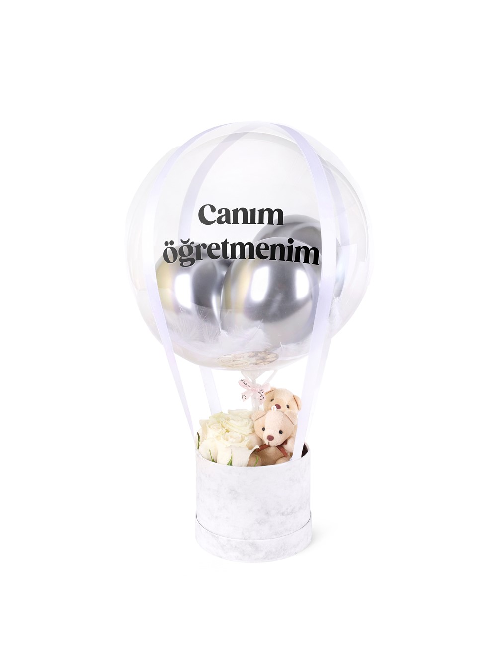 Mermer Desenli Kutuda Beyaz Güller Ve Ayıcıklar