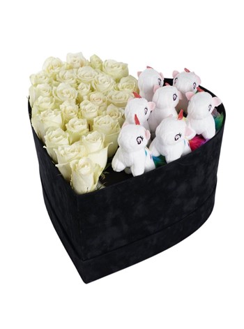 Dev Kadife Kalp Kutuda Unicornlu Beyaz Gül