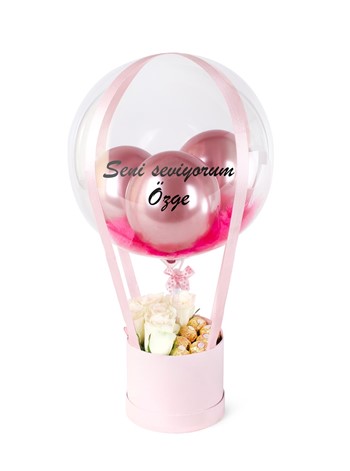 Beyaz Gül ve Ferrerolu Pembe Balon Kutusu