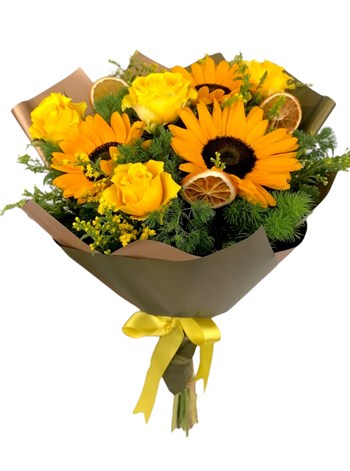 Ayçiçeği ve Sarı Gül Buketi